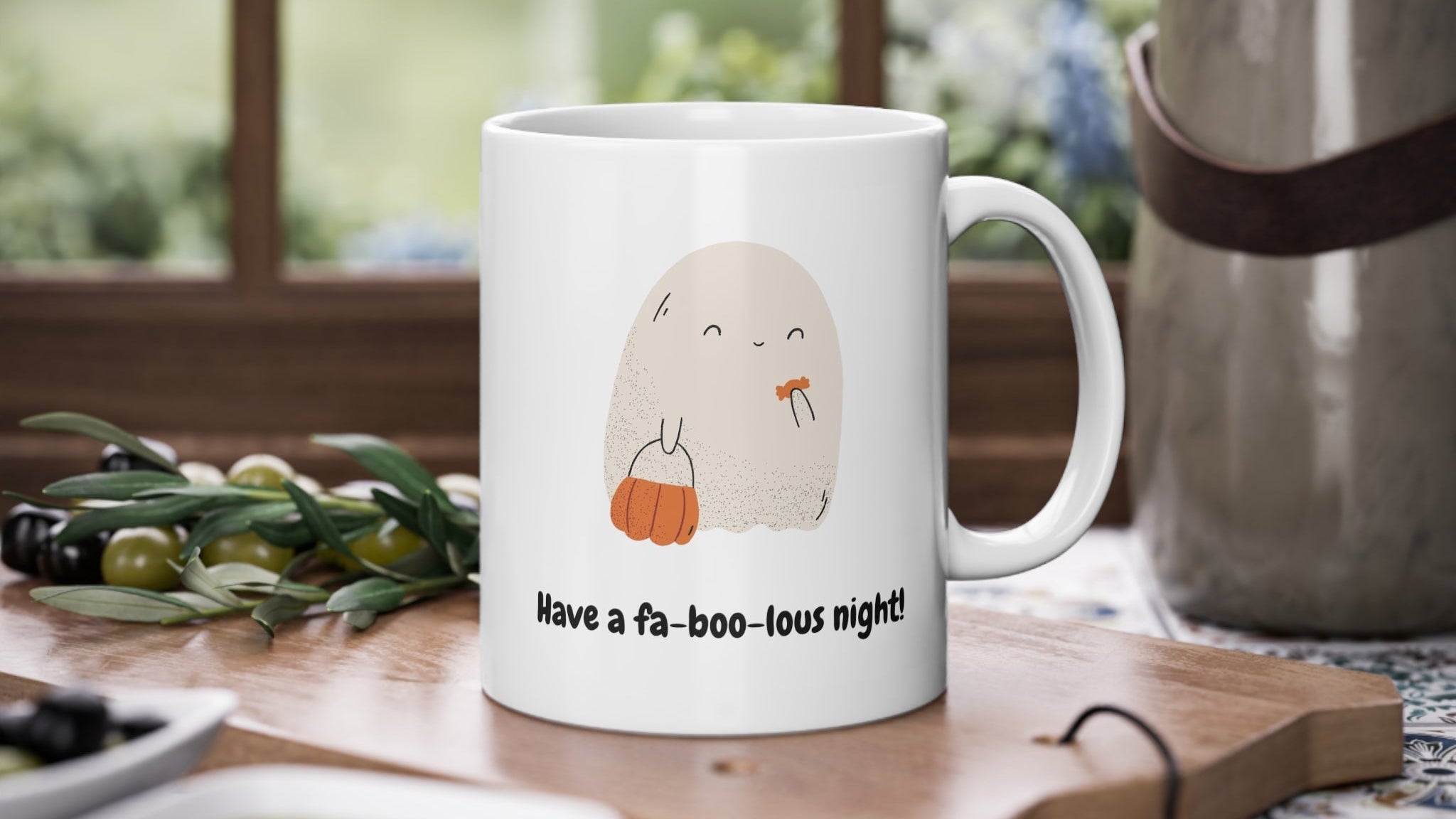 White mug with a cartoon character and text on a kitchen counter with food and utensils.
