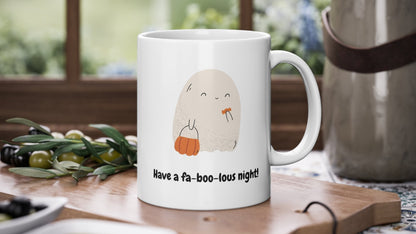 White mug with a cartoon character and text on a kitchen counter with food and utensils.